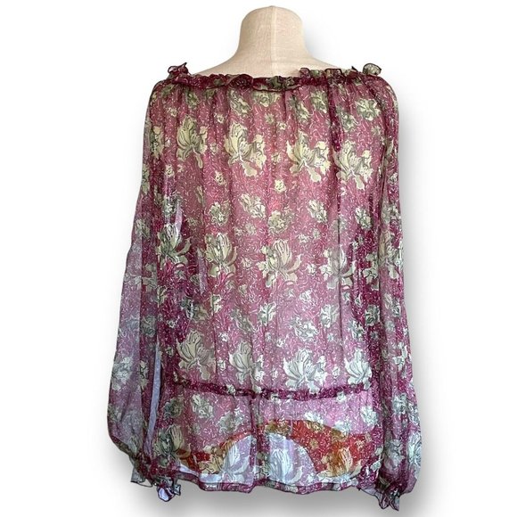 Peruvian Connection Womens Blouse Sz M Sheer Floral 100% Silk Chiffon Boho Top - Picture 7 of 8